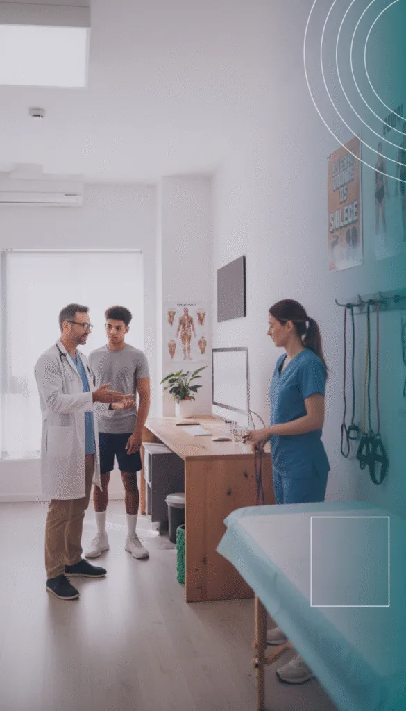 “imagem de médico do esporte orientando paciente atleta, talvez com fisioterapeuta ao fundo, ambiente esportivo ou de consultório”