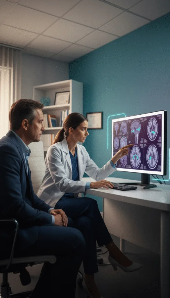 “imagem de um neurocirurgião em consultório, olhando para exames de imagem neurológica (como ressonância), com um paciente ao lado”