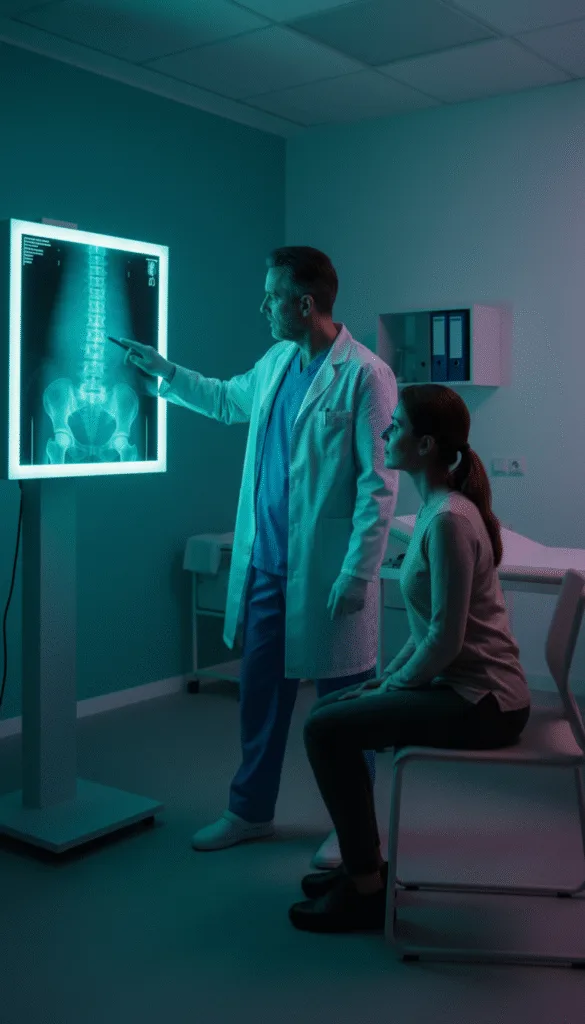 imagem de um ortopedista avaliando raio-X de coluna ou articulação com paciente, sala clínica iluminada”
